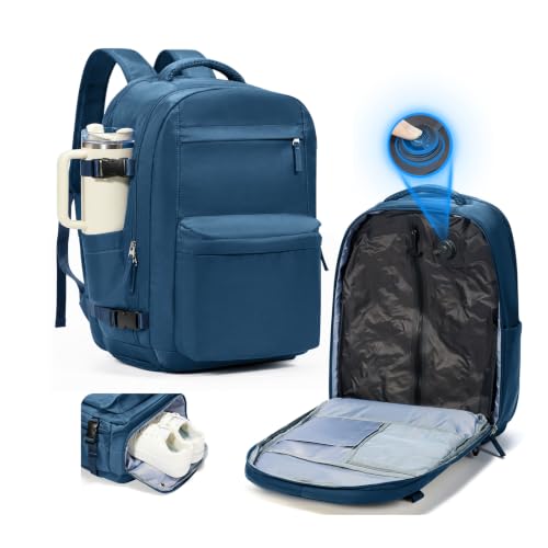 suradar Vacuum Backpack Travel with Pump,Travel Backpack with One Button Vacuum System Vacpack Sealed Compression Airbag Carry on Flight Approved Laptop Backpack Space Saver Bags Blue - color: B2-peacock Blue
