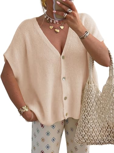 Saodimallsu Womens Fall Short Sleeve Cardigans Sweater Oversized Tops - color: Apricot, size: Large