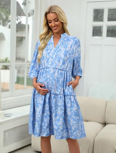Angashion Women's Maternity Nursing Dress: V-Neck Hidden Zipper Pockets - color: Blue&white Floral, size: Medium