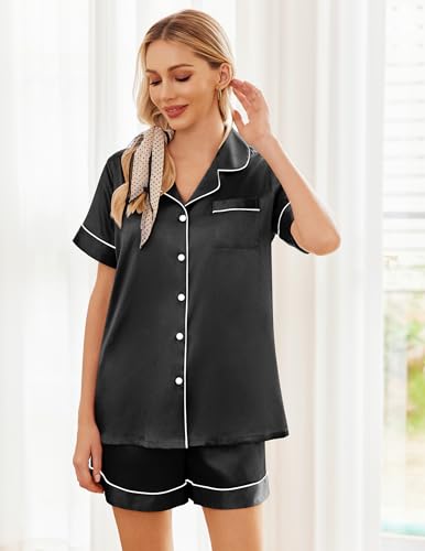 Ekouaer Womens Silk Satin Pajama Sets Soft Short Sleeve Button Up Sleepwear - color: Black, size: Medium