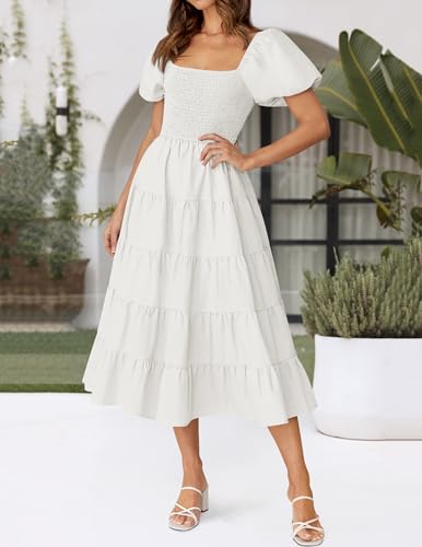 ZESICA Women Summer Puff Sleeve Boho Wedding Guest Midi Dress - color: White, size: X-Large