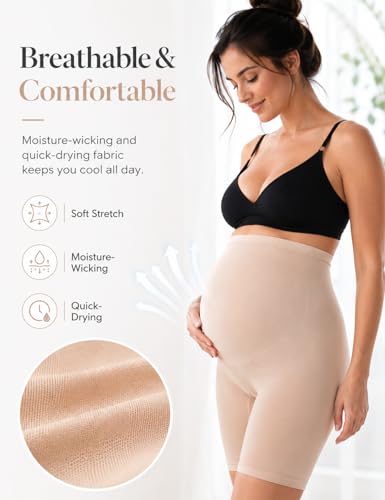 HOFISH Seamless Over-the-Bump Maternity Shapewear, High-Waisted Support - color: No Roll Up：black & Beige, size: Small