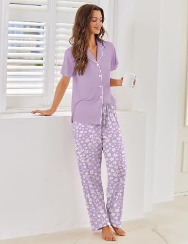Ekouaer Pajamas for Women Set Ruffle Sleeve Button Up with Long Pants - color: Purple Flower, size: Small
