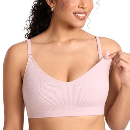 MOMANDA Ribbed Nursing Bras for Breastfeeding - color: Mist Pink Heather, size: Medium