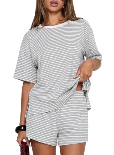 Darong Womens Striped 2 Piece Summer Lounge Sets - color: Light Grey Stripe, size: Medium