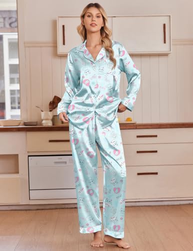 Ekouaer Silk Satin Pajamas for Womens Button Up Long Sleeve Pjs Lounge Set - color: Cat Print, size: X-Large