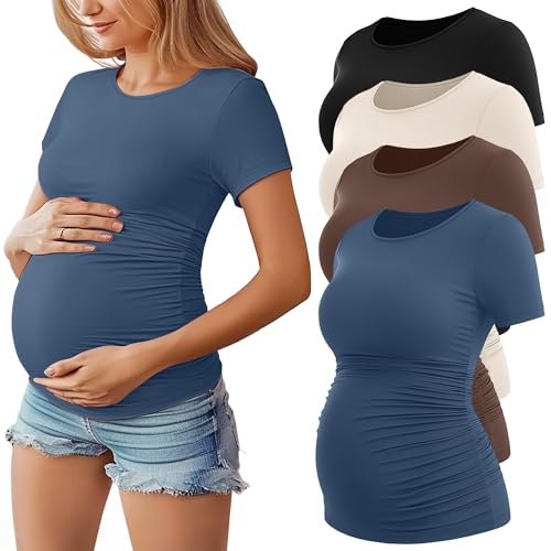 Huukeay 4 Pack Women's Short Sleeve Maternity Tops - color: Haze Blue, Coffee, Cream, Black, size: Small
