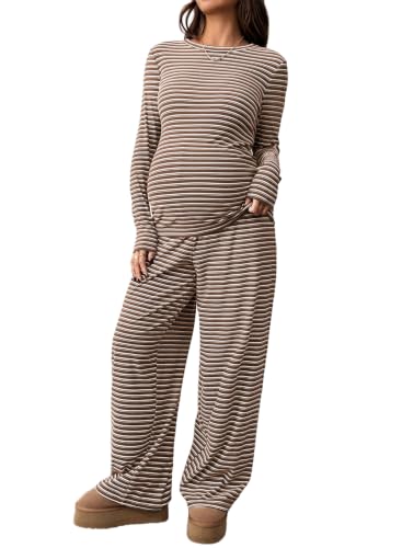 BLENCOT Maternity 2 Piece Outfits Striped Long Sleeve Pregnancy Set - color: Brown, size: Large