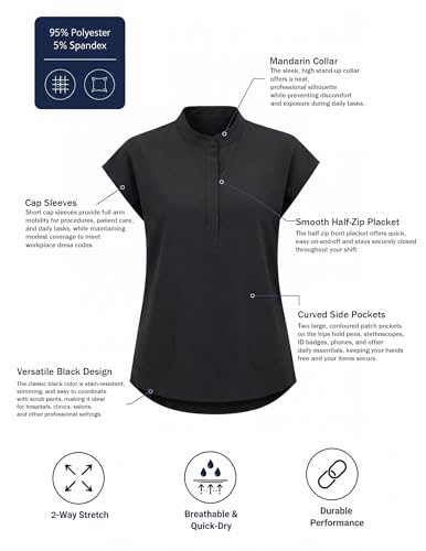 VECARDI Womens Scrub Top Zip Front Dolman Sleeves with Pockets - color: Black, size: X-Large
