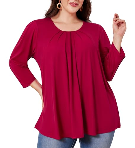 Plus Size Tunic Tops for Women 3/4 Sleeve Tunics Loose Fit Shirt Crew Neck Pleated Solid Casual Dressy Blouses - color: C-red, size: 3X-Large