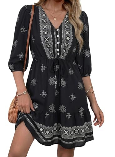 BLENCOT Women's Casual V Neck Button Down Half Long Sleeve Boho Flowy Floral Printed Mini Dress Summer Dresses Maternity - color: Black, size: Small