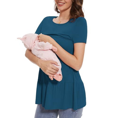 Bearsland Short Sleeve Nursing Top - color: Black & Vivid Blue & Deep Green, size: X-Large