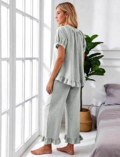 Flygo Womens Striped Pajama Sets Cotton 2 Piece Ruffle Lounge Pjs - color: Darkgreen, size: Large