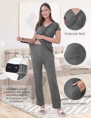 3-Piece Maternity Nursing Pajamas Set for Pregnancy & Postpartum - color: Dark Gray, size: Large