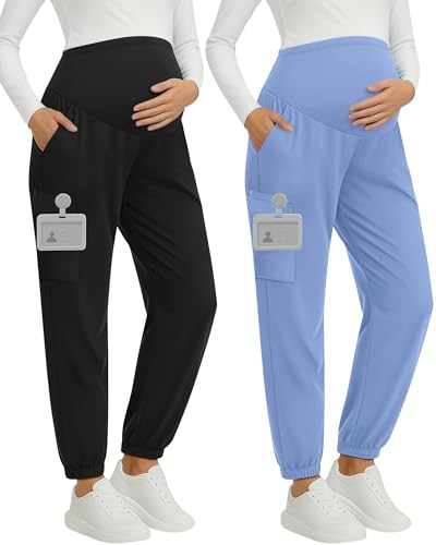Oakgarden 2 Pack Women's Maternity Scrub Pants Pregnancy Scrubs - color: Black, Light Blue, size: Small