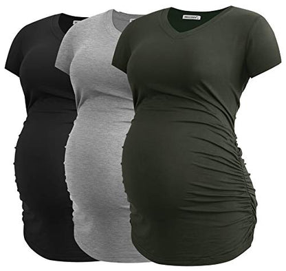 Smallshow Women's V Neck Maternity Clothes Tops Side Ruched Pregnancy T Shirt - color: Army Green/Black/Light Grey, size: Medium