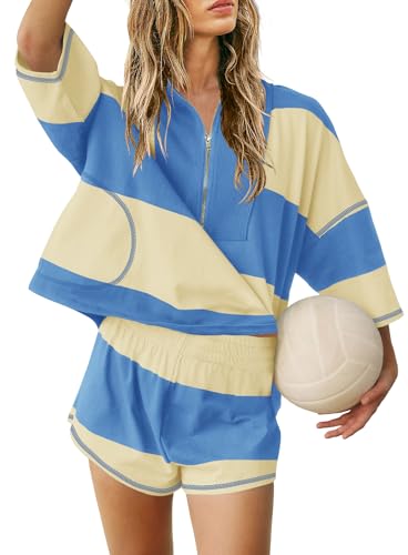 Yanekop Womens Striped Workout Set Two Piece Lounge Set Athleisure Sets - color: Beige Blue Mixed, size: Medium