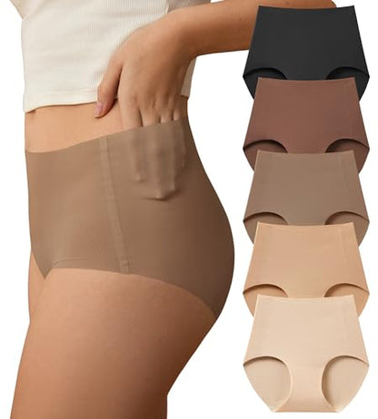 SHARICCA Seamless High Waisted Briefs Underwear Womens No Show Panties Pack - color: 5p - Soft Browns & Nudes, size: Medium