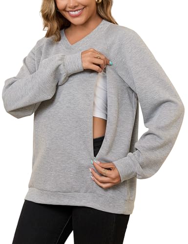 Bhome Nursing Sweatshirt Long Sleeve V Neck Breastfeeding Shirts Zipper Maternity Pumping Tops Pregnancy Sweater Pullover - color: Light Heather Gray, size: X-Large