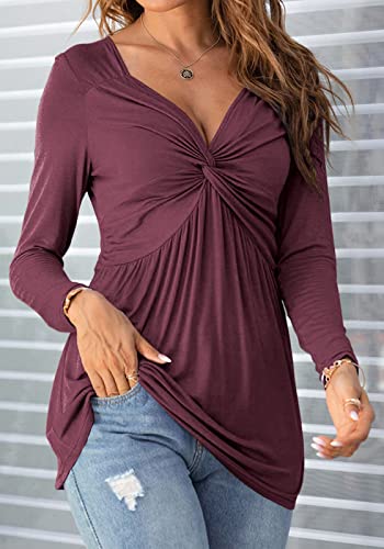 Tankaneo Women V-Neck Front Knotted Tshirt Long Sleeve Oversized Tunic Top - color: B22-fuchsia, size: Medium