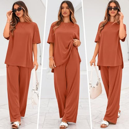 Totatuit Two Piece Sets For Women Vacation Oversized Loungewear Outfits - color: Brick Red, size: Medium
