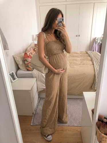 BLENCOT Women's Smocked Maternity Jumpsuit Loose Overalls - color: Khaki, size: Large