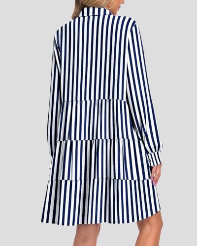 AUSELILY Women's Babydoll Dress Casual Long Sleeve Fall Tunic Dresses - color: Navy Blue Stripes, size: Medium