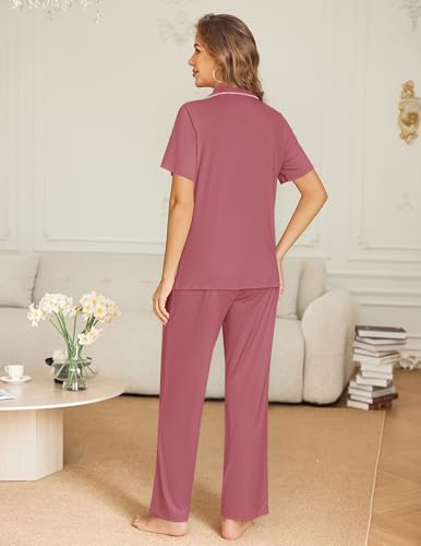 Ekouaer Womens Pajama Sets Button Down Lounge Sets 2 Piece Short Sleeve Pjs - color: Old Rose, size: Large