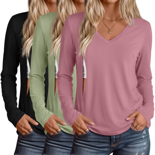 Huukeay 3 Pack Maternity Nursing Tops Breastfeeding Shirts - color: Black, Light Green, Pink, size: Medium