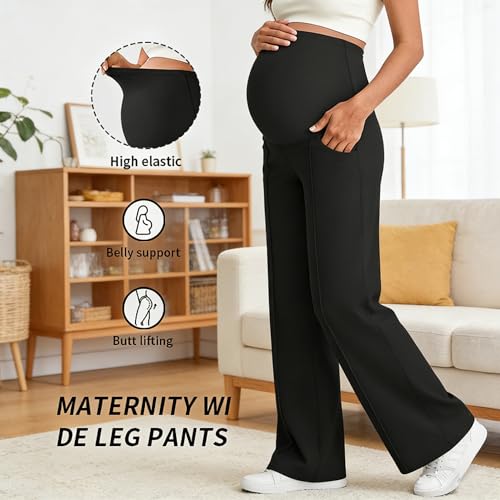 Over The Belly Maternity Wide Leg Yoga Pants - color: Black, size: Large