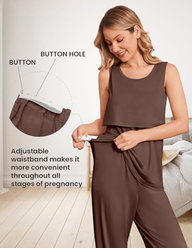 Maternity Sets Labor and Delivery Gown Postpartum Essentials Nursing Pajama - color: Coffee Brown, size: Small