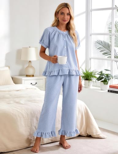 Flygo Womens Striped Pajama Sets Cotton 2 Piece Ruffle Lounge Pjs - color: Blue, size: Medium