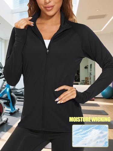 TACVASEN Women's Lightweight Athletic Jacket UPF 50+ Long Sleeve Sun Shirt - color: 01 Black, size: Medium