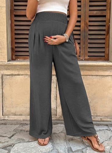 BLENCOT Women's Maternity Pants Smocked Palazzo Pregnancy Trousers - color: Carbon Grey, size: Medium