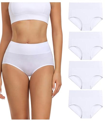 wirarpa Women's Cotton Underwear High Waisted Ladies Panties Full Coverage Briefs 4 Pack (Regular & Plus Size) - color: White - Set 23, size: Medium