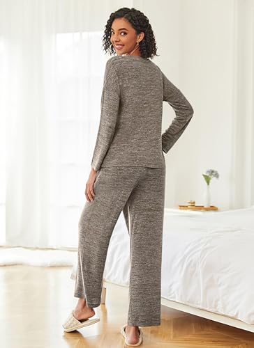 Ekouaer Womens Pajama Sets Button Up Long Sleeve Lounge Set Soft V Neck Pj - color: Brown, size: Small