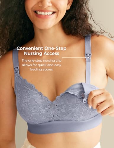 Momcozy Lace Nursing Bra for Breastfeeding, Wirefree Maternity Bra with Fixed Padding, Soft Deep V Bra - color: Bluebell, size: X-Large