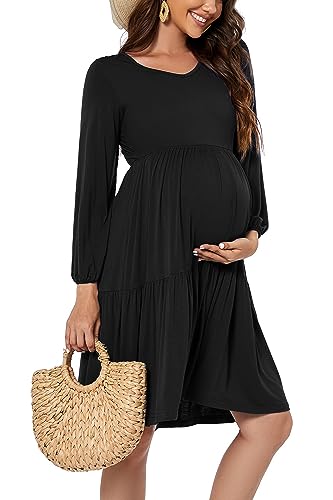 Smallshow Women's Maternity Dress Ruffle Long Sleeve Pregnancy Clothes - color: Black, size: Large
