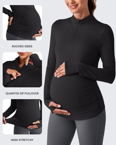 G4Free Lightbreeze Maternity Shirts Long Sleeve Quarter Zip Pregnancy Top - color: Black, size: Medium