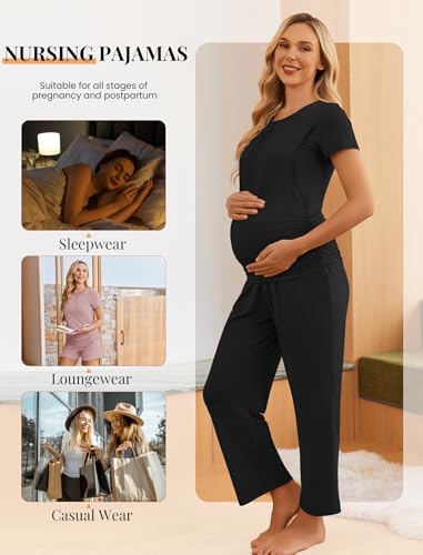 Ekouaer Maternity Nursing Pajamas Set 3 Piece Postpartum Breastfeeding Pjs - color: Black, size: Medium