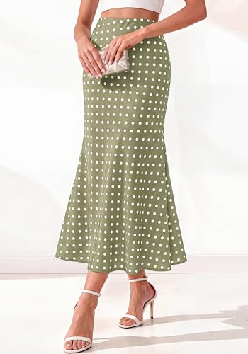 BTFBM Silk Midi Skirts for Women 2026 Summer Fall - color: Dot Green White, size: Small