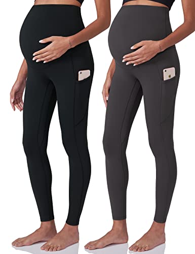 POSHDIVAH Maternity Workout Leggings Pregnancy Yoga Pants Pockets - color: 2pcs Black Gray, size: Small