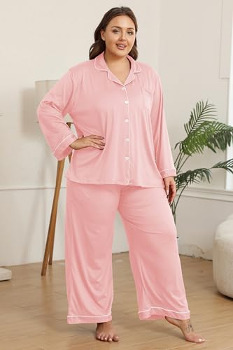 Vozanet Women's Plus Size Pajama Set Button Down Long Sleeve and Pants Lounge Sets with Drawstring and Pockets Sleepwear - color: Light Pink, size: X-Large