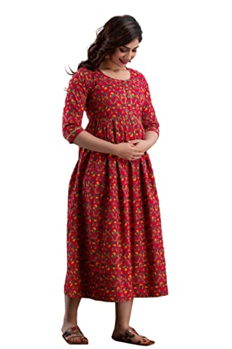 Women's Pink Cotton Pregnancy & Breastfeeding Maxi Dress - color: Red, size: Medium