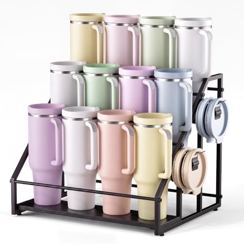 3-Tier Stanley Cup Holder for 12 Tumblers, Lid Organizer, Black Wood - size: 3Tier - Hold 12 -B