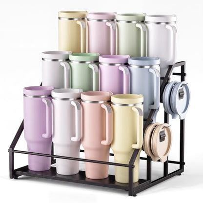 3-Tier Stanley Cup Holder for 12 Tumblers, Lid Organizer, Black Wood - size: 3Tier - Hold 12 -B