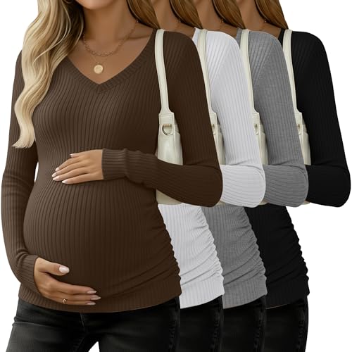 4 Pack Women's Maternity Shirts - color: Black, White, Light Gray, Coffee, size: XX-Large