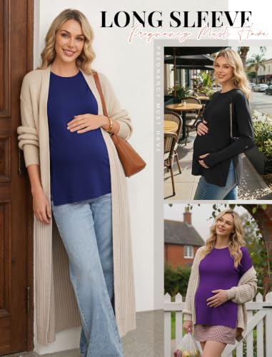 3 Pack Women Maternity Shirts Long Sleeve Pregnancy Tops with Thumb Hole - color: Black/Deep Purple/Navy Blue, size: Small