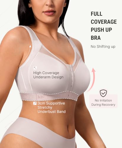 FeelinGirl Front Closure Post Surgery Compression Bra with Adjustable Straps Wireless Breast Augmentation Post Op Bras - color: Gray, size: X-Large