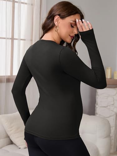 Women Maternity Stretchy Fitted Crew Neck Long Workout Tops - color: Black, size: Large